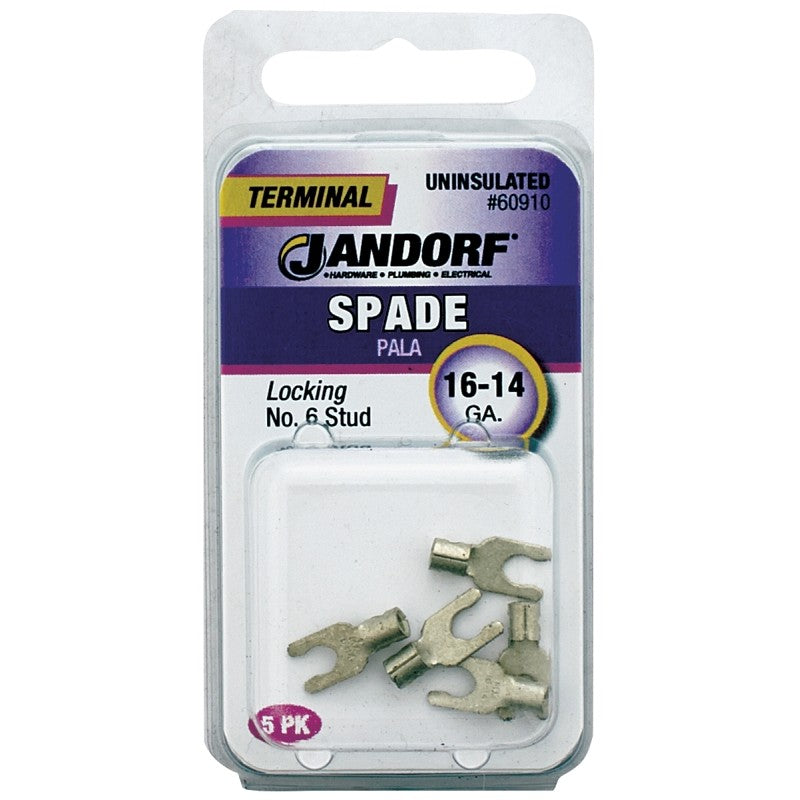 Jandorf 60910 Spade Terminal, 600 V, 16 to 14 AWG Wire, #6 Stud, Copper Contact, Tin, 5/PK