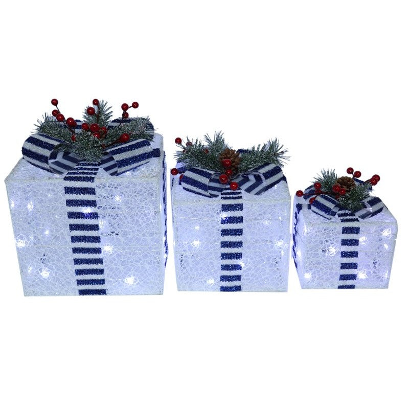 Santas Forest 56924 Pre-Lit Mesh Gift Box, Blue/White, LED, Internal Light