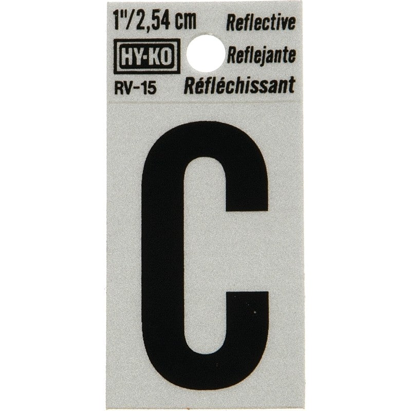 Hy-Ko RV-15/C Reflective Letter, Character: C, 1 in H Character, Black Character, Silver Background, Vinyl (Pack of 10)