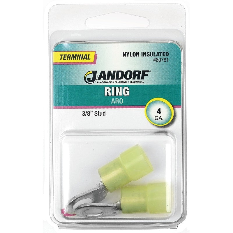 Jandorf 60781 Ring Terminal, 4 AWG Wire, 3/8 in Stud, Nylon Insulation, Copper Contact, Yellow