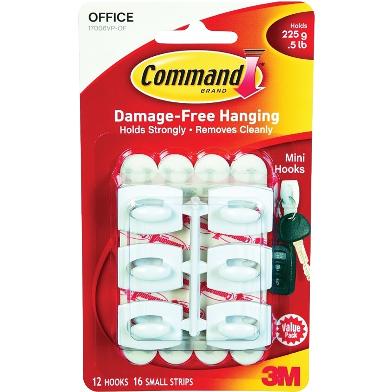 Command 17006-VP Adhesive Hook, 0.5 lb, 18-Hook, Plastic, White