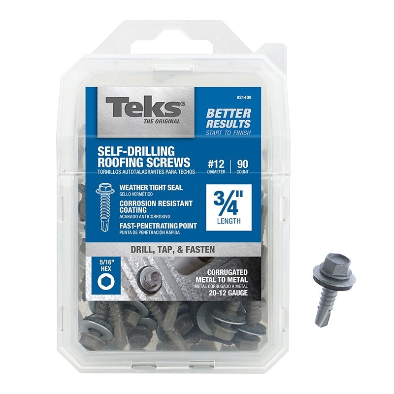 Teks 21408 Roofing Screw, #12 Thread, Fine Thread, Hex Drive, Drill Point, Steel, Zinc