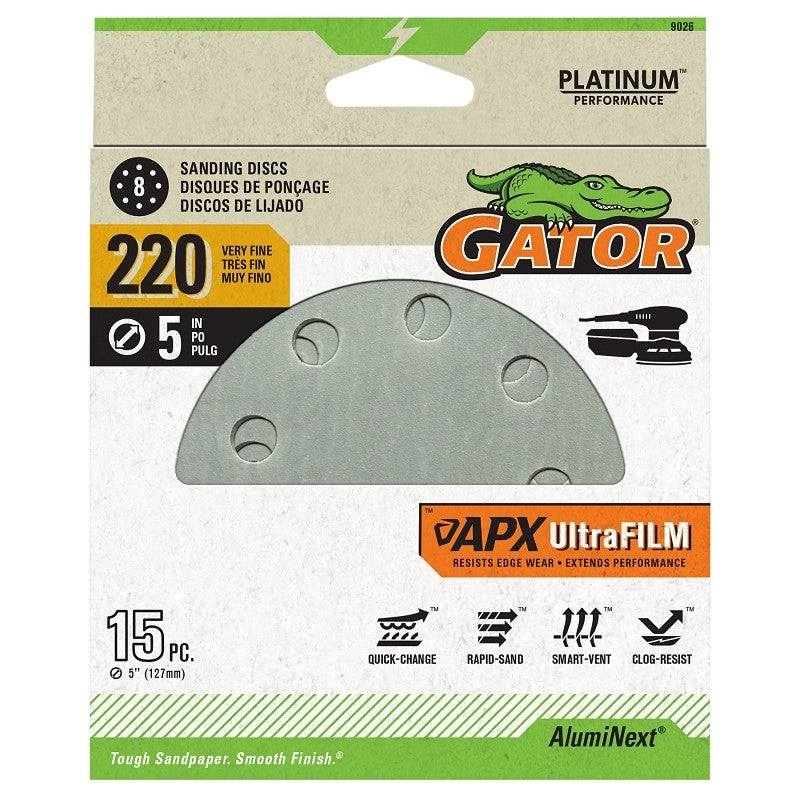 Gator Shopsmith 9026 Sanding Disc, 5 in Dia, 320 Grit, Very Fine, Aluminum Oxide Abrasive, Film Backing, Vented