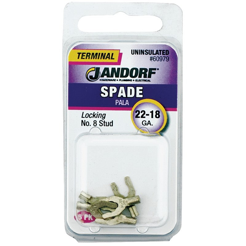 Jandorf 60979 Spade Terminal, 600 V, 22 to 18 AWG Wire, #8 Stud, Copper Contact, Tin, 5/PK