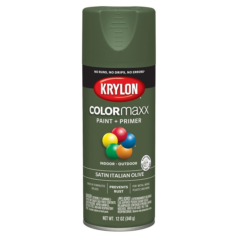 Krylon K05566007 Enamel Spray Paint, 12 oz Can, 25 sq-ft Coverage Area, Acrylic Base, Satin, Italian Olive