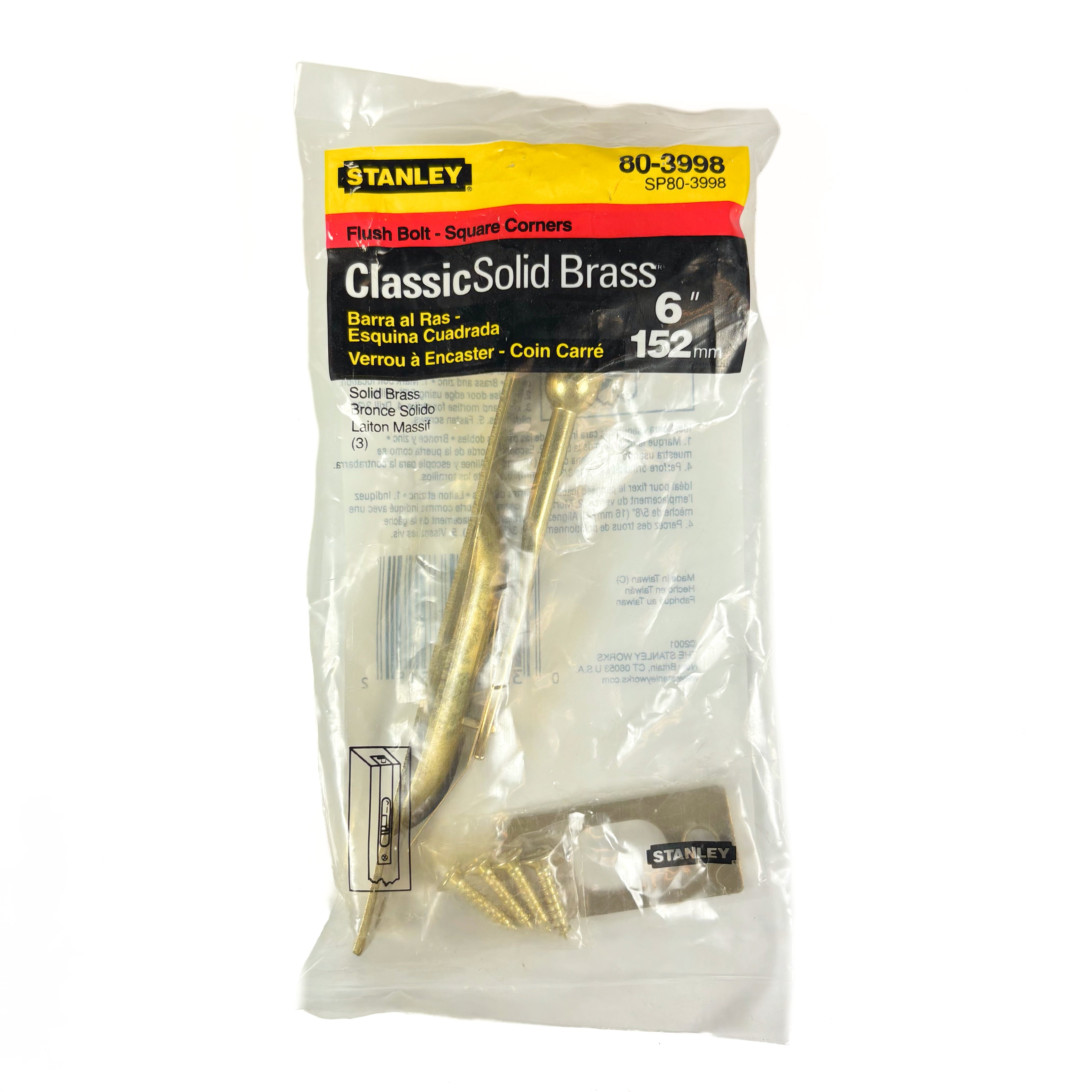 Square Corner Recessed Flush Bolt 6 Inch Bright Solid Brass (POS)