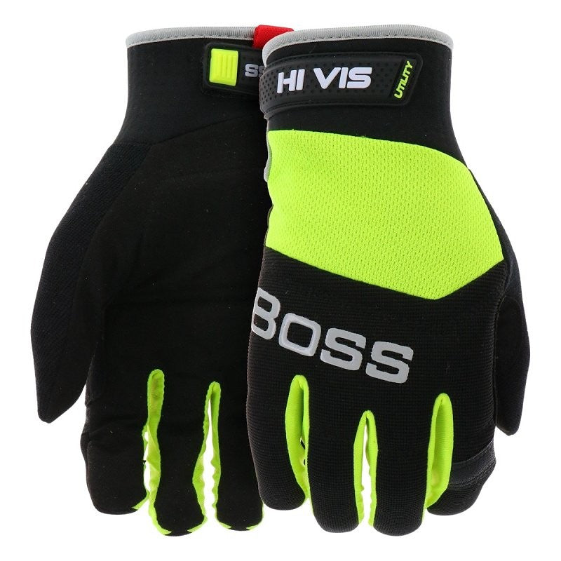 Boss Utility B52314-M Gloves, M, 7-1/8 to 8 in L, Hook and Loop, Slip-On Cuff, Spandex/Synthetic Leather, Hi-Vis Green