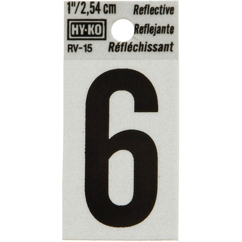 Hy-Ko RV-15/6 Reflective Sign, Character: 6, 1 in H Character, Black Character, Silver Background, Vinyl (Pack of 10)