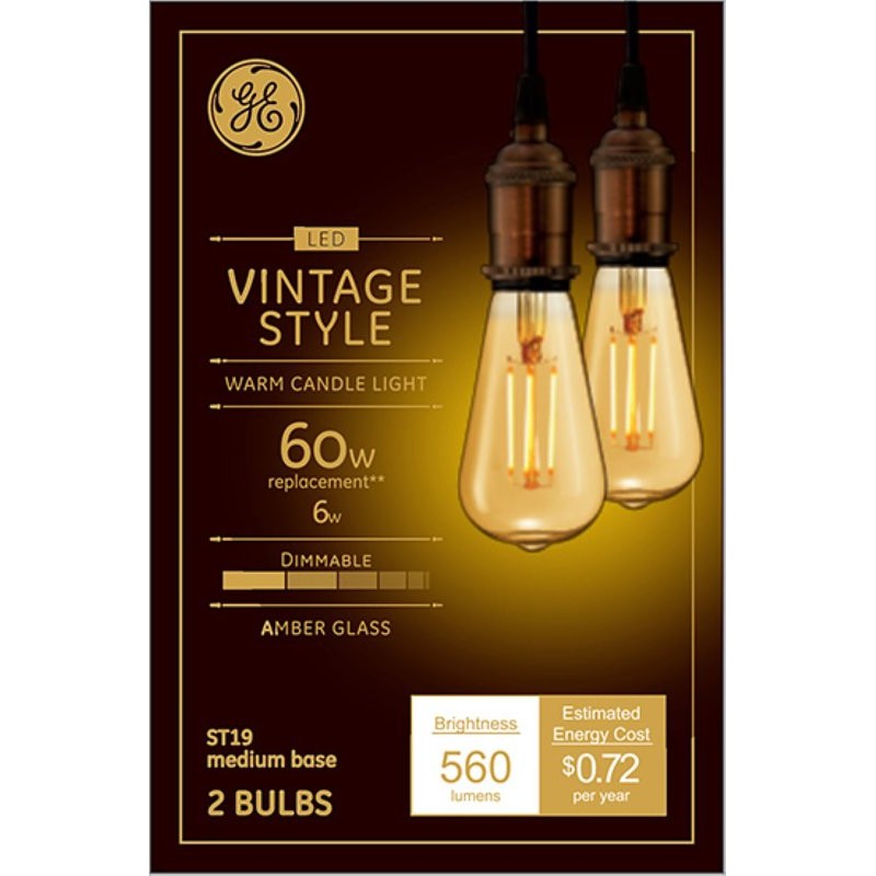 GE 42200 Replacement Bulb, Decorative, Vintage, ST19 Lamp, 60 W Equivalent, Medium (E26) Lamp Base, Dimmable, Amber