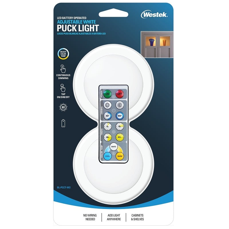 Westek BL-PCCT-W2 Series Adjustable Puck Light, 3.37 in Dia, AA Battery, LED Lamp, 80 Lumens, White, 2/CD