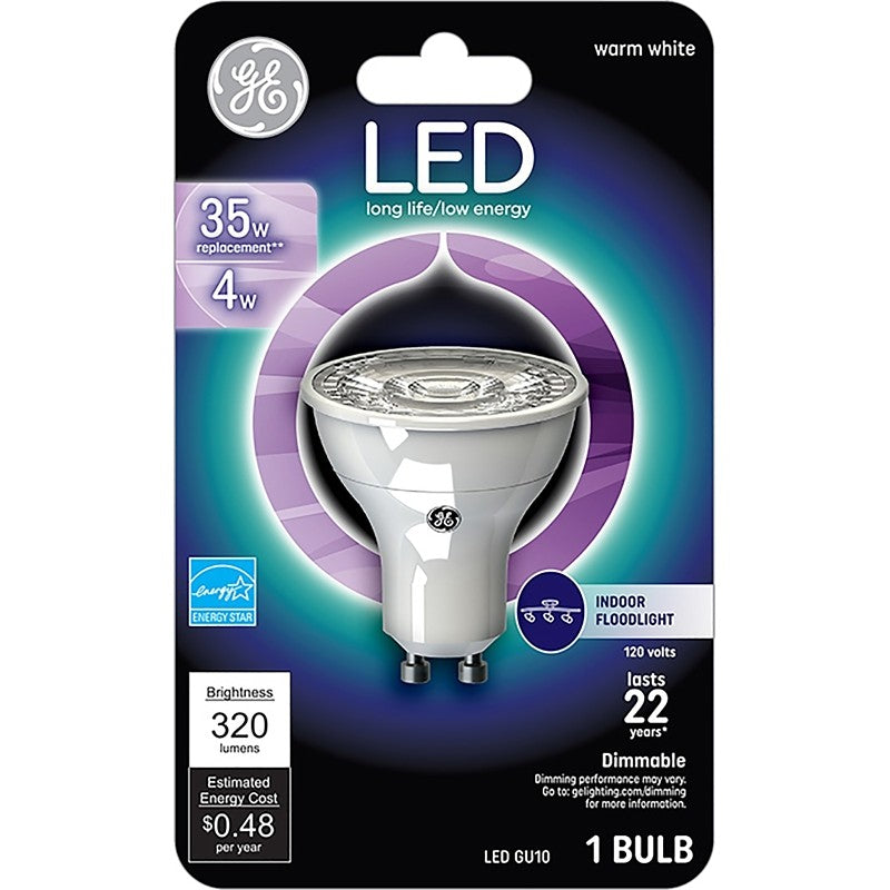 GE 93120701 Floodlight Bulb, MR16 Lamp, 35 W Equivalent, GU10 Lamp Base, Dimmable, White, Bright White Light
