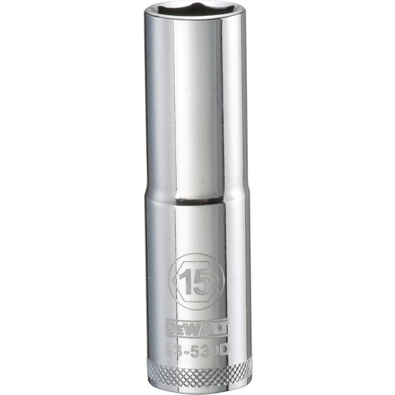 DEWALT DWMT93530OSP Drive Socket, 15 mm Socket, Deep Socket, 3-1/8 in OAL, 1/2 in Drive, 6-Point, Vanadium Steel