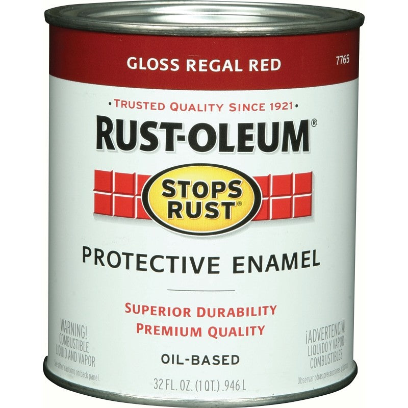 Rust-Oleum Stops Rust 7765502 Enamel Paint, Oil, Gloss, Regal Red, 1 qt, Can, 50 to 90 sq-ft/qt Coverage Area