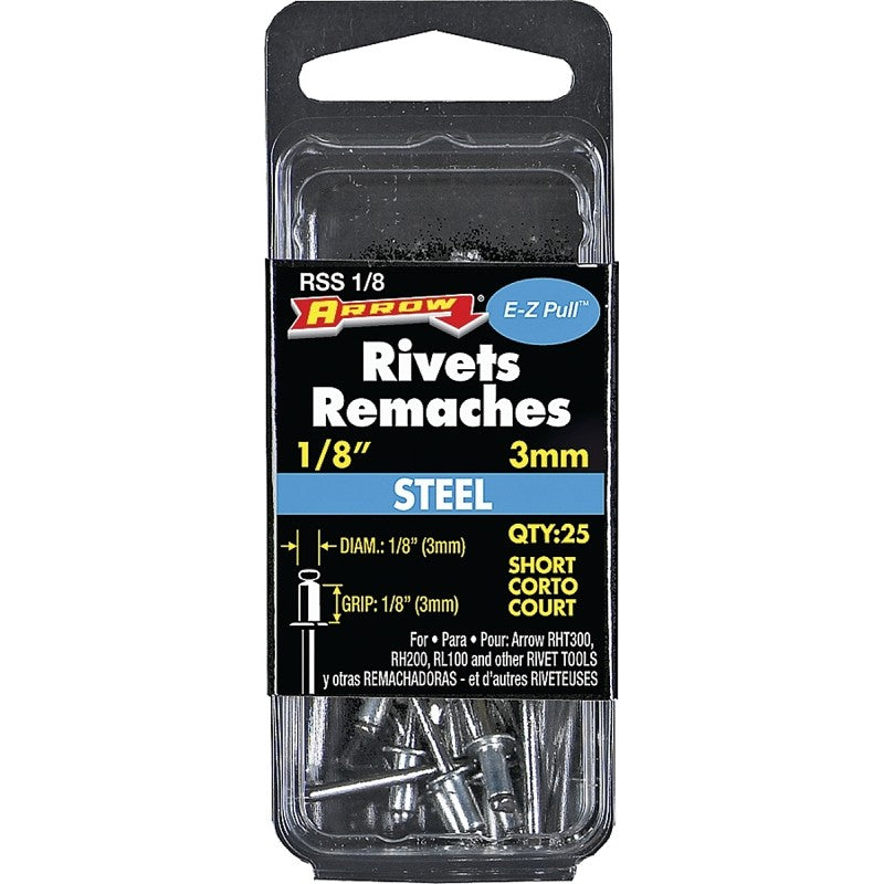 Arrow RSS1/8 Pop Rivet, Short, 1/8 in Grip, 1/8 in L, Steel, 25/PK