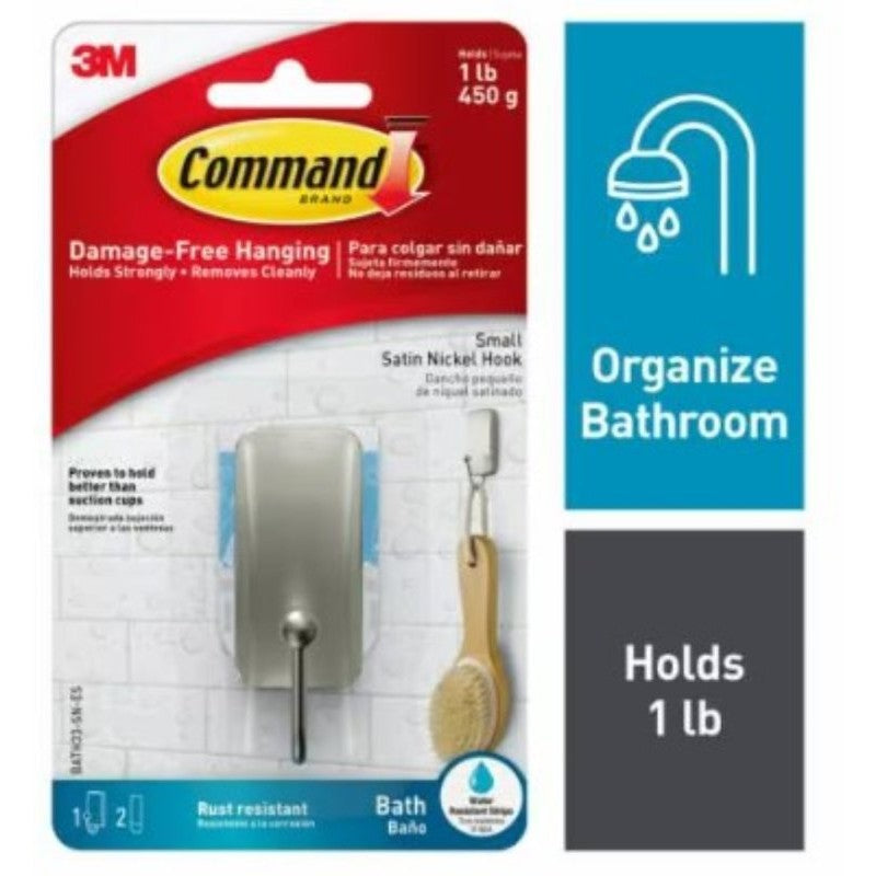 Command BATH33-SN-2ES Small Bath Hook, 1 lb, Metal, Silver, Satin Nickel