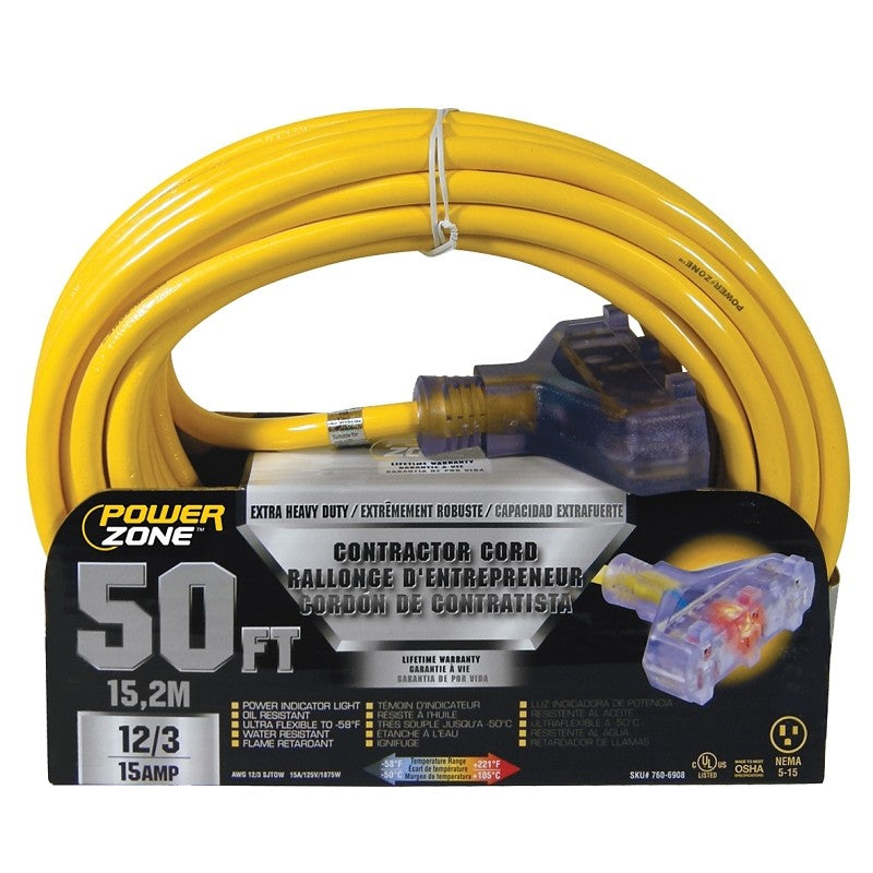 PowerZone ORP611830 Contractor Cord, 12 AWG Cable, 50 ft L, 15 A, 125 V, Yellow
