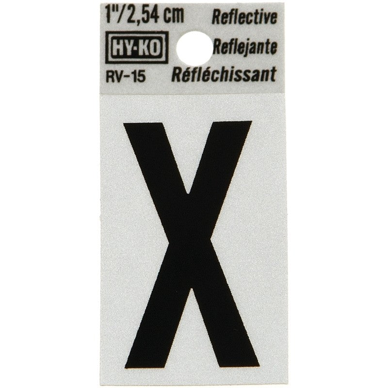 Hy-Ko RV-15/X Reflective Letter, Character: X, 1 in H Character, Black Character, Silver Background, Vinyl (Pack of 10)