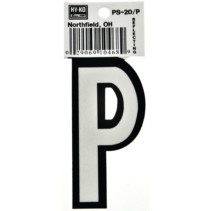 Hy-Ko PS-20/P Reflective Letter, Character: P, 3-1/4 in H Character, Black/White Character, Vinyl (Pack of 10)