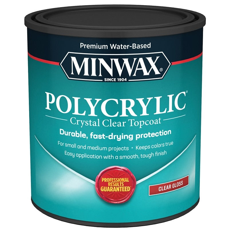 Minwax Polycrylic 65555444 Waterbased Polyurethane, Gloss, Liquid, Crystal Clear, 1 qt, Can