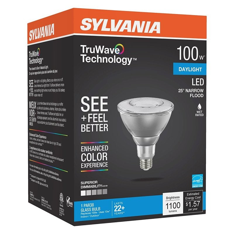 Sylvania 40900 Natural LED Bulb, Spotlight, 1100 Lumens, 13 W, PAR38 Lamp, E26 Lamp Base, Dimmable, Clear, Daylight