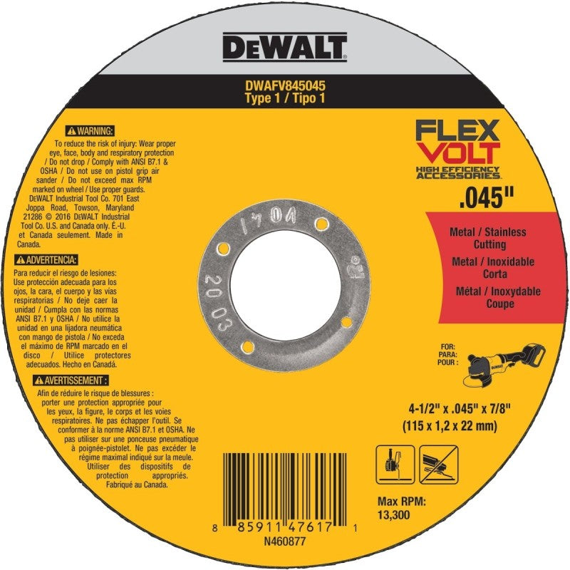 DEWALT DWAFV845045 Cutting Wheel, 4-1/2 in Dia, 0.045 in Thick, 7/8 in Arbor, 24 Grit, Ceramic Abrasive, Medium