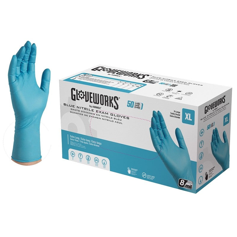 Gloveworks GPNHD68100 Non-Sterile Disposable Gloves, XL, Nitrile, Powder-Free, Blue, 300 mm L