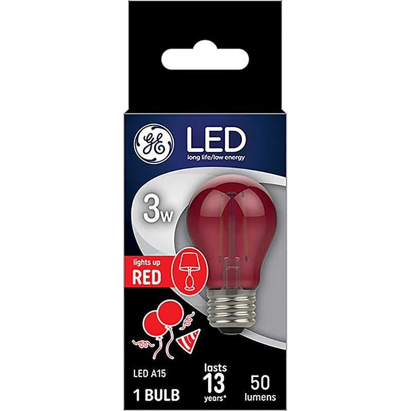 GE 93116635 Party Light Bulb, A15 Bulb, 3 W, Red Bulb, LED Bulb, 2700 K Color Temp, 100 Lumens