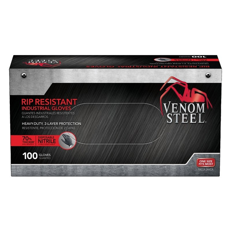 Venom Steel VEN6145N Disposable Gloves, One-Size, Nitrile, Powder-Free, Black, 9-1/2 in L, Beaded Cuff