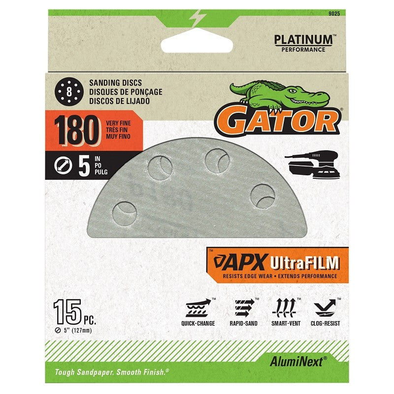 Gator Shopsmith 9025 Sanding Disc, 5 in Dia, 220 Grit, Extra Fine, Aluminum Oxide Abrasive, Film Backing, Vented