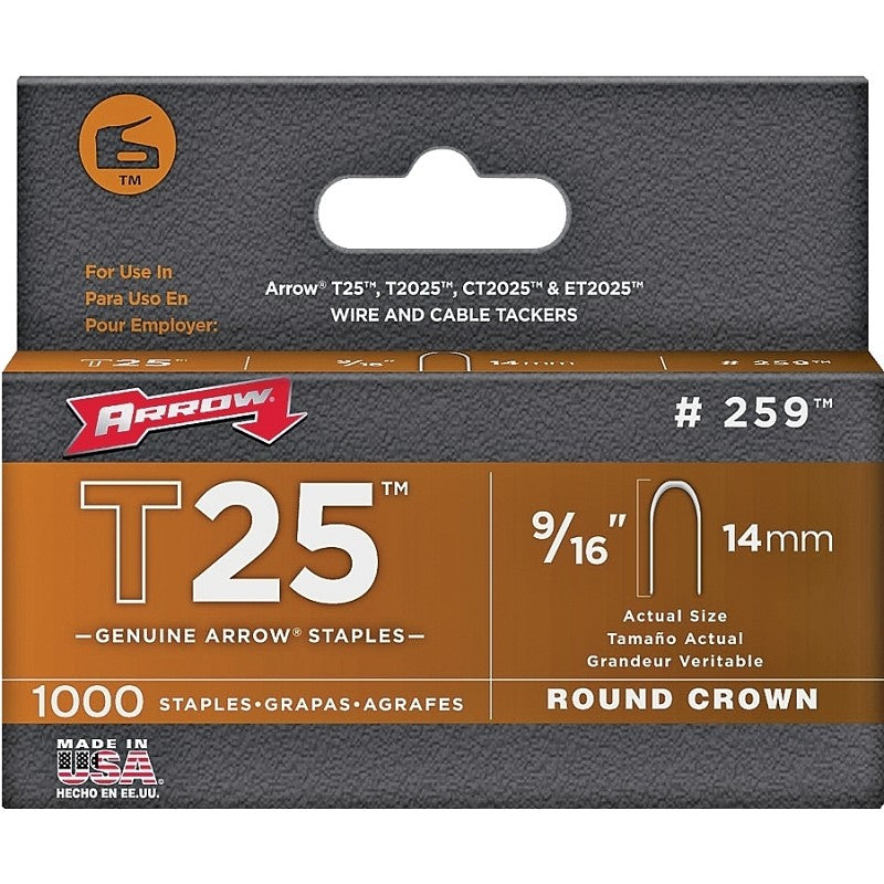 Arrow T25 Series 259 Staple, 5/16 in W Crown, 9/16 in L Leg (Pack of 5)