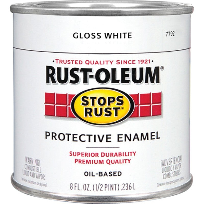 Rust-Oleum Stops Rust 7792730 Enamel Paint, Oil, Gloss, White, 0.5 pt, Can, 50 to 90 sq-ft/qt Coverage Area