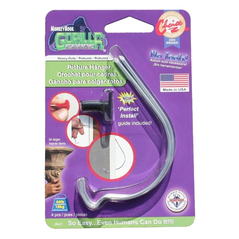 Monkey Hook TMH-222 Picture Hanger, 40 lb, High Carbon Spring Steel, Galvanized Zinc, Silver (Pack of 12)