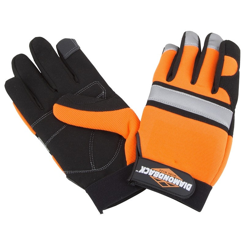 Diamondback 5959XL Touchscreen Hi Visibility Mechanics Gloves, XL, 55% Synthetic Leather 30% Spandex 10% Reflective Fabric 5% Elastic Band