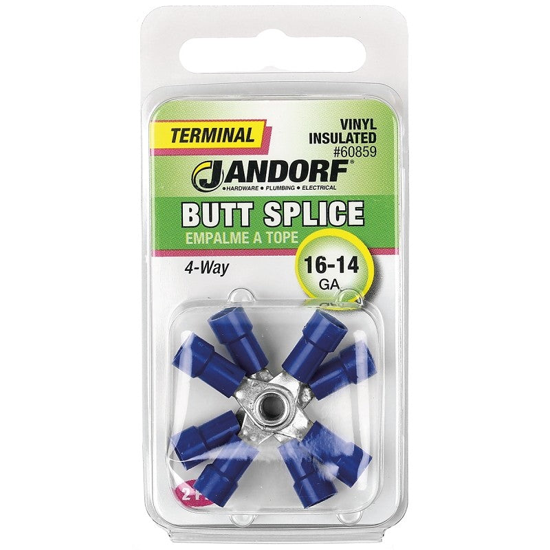Jandorf 60859 Butt Splice Connector, 16 to 14 AWG Wire, Vinyl Insulation, Copper Contact, Blue, 2/PK