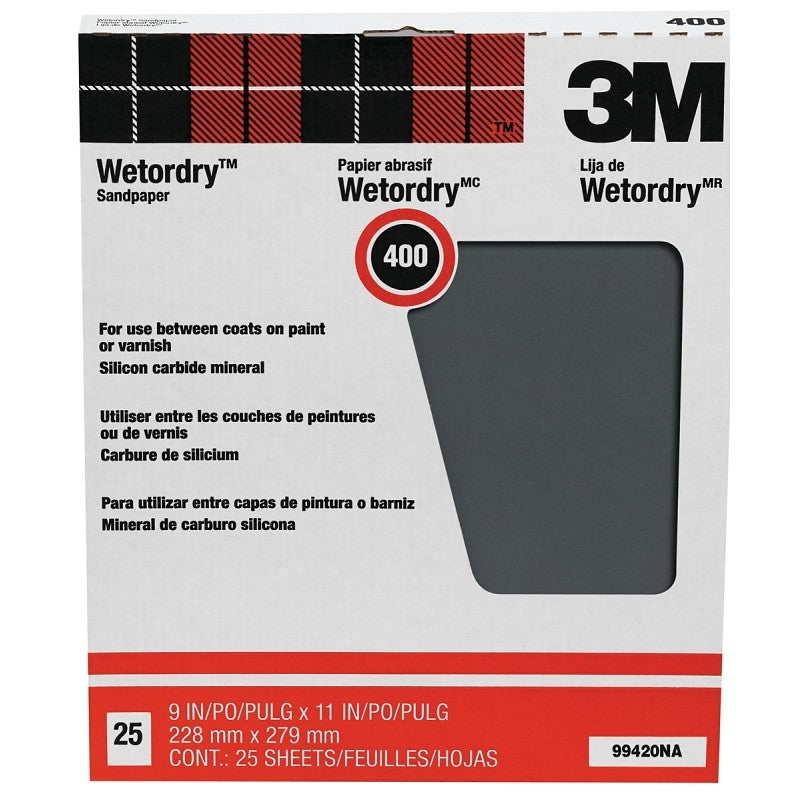 3M Wetordry 99420NA Sandpaper, 11 in L, 9 in W, Fine, 400 Grit, Silicon Carbide Abrasive, Paper Backing