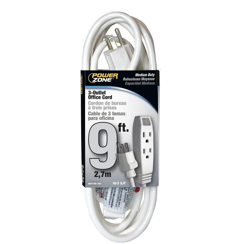 PowerZone OR890609 Office Extension Cord, 16 AWG Cable, 5-15P Grounded Plug, 5-15R Grounded Receptacle, 9 ft L