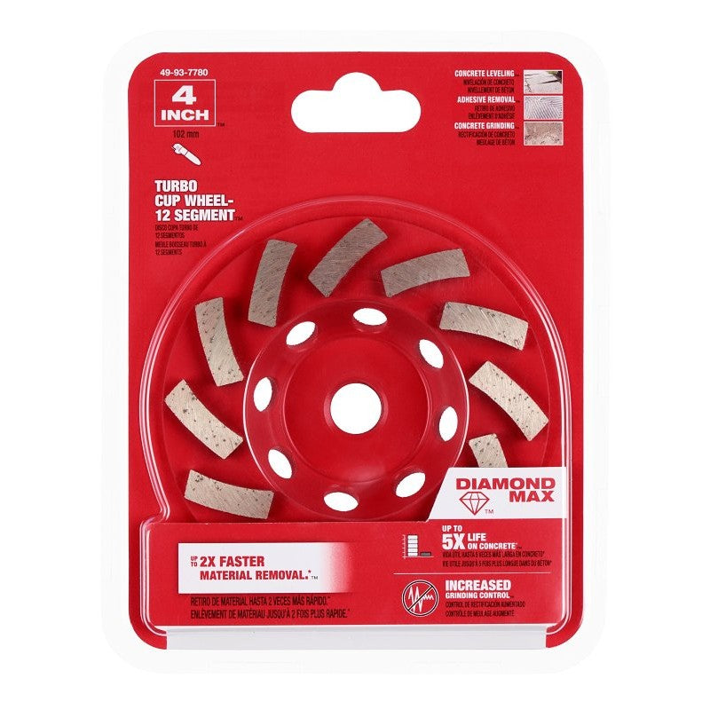 Milwaukee 49-93-7780 Cup Wheel, 4 in Dia, 5/8 in Arbor, Diamond Abrasive