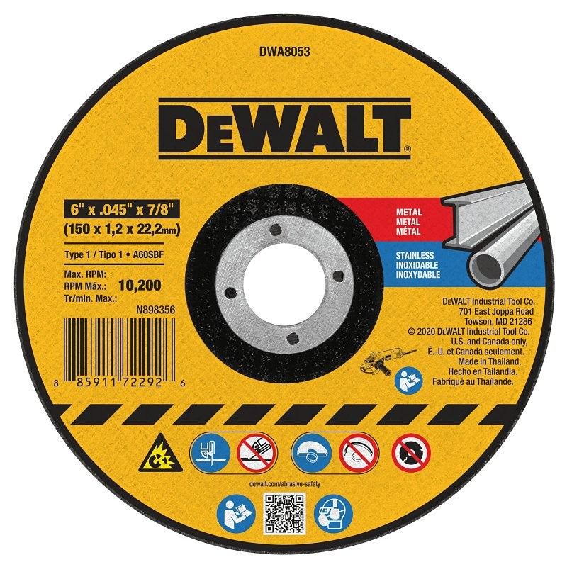 DEWALT DWA8053 Cutting Wheel, 6 in Dia, 0.045 in Thick, 7/8 in Arbor, Aluminum Oxide Abrasive