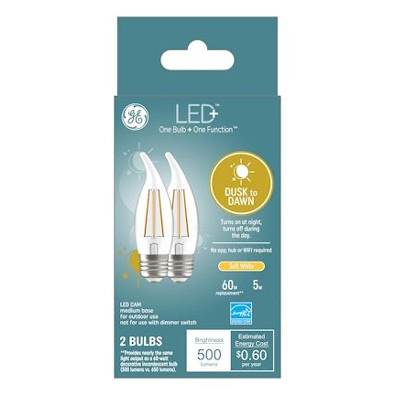 GE LED+ 93121493 Dusk To Dawn Light Bulb, 500 Lumens, 5 W, CAM Lamp, 60 W Equivalent, Medium (E26) Lamp Base, 2/PK