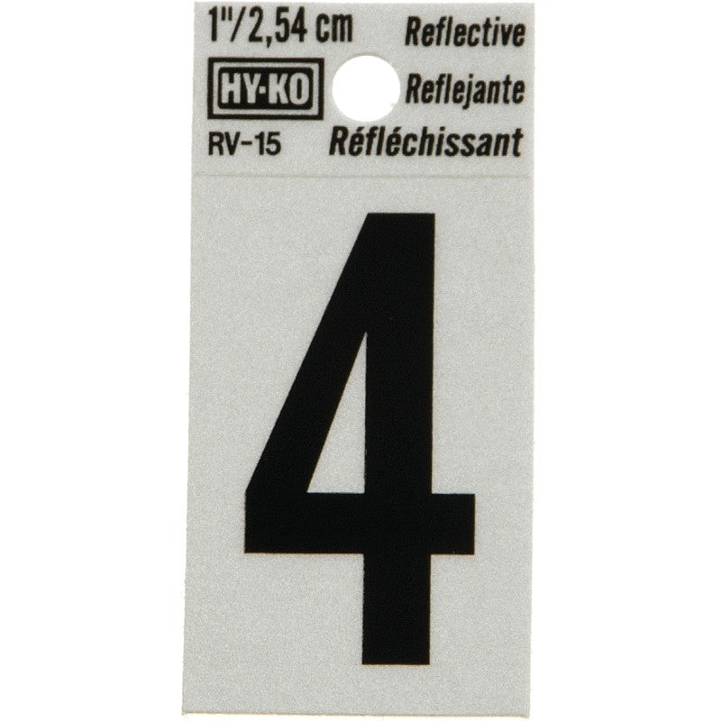 Hy-Ko RV-15/4 Reflective Sign, Character: 4, 1 in H Character, Black Character, Silver Background, Vinyl (Pack of 10)