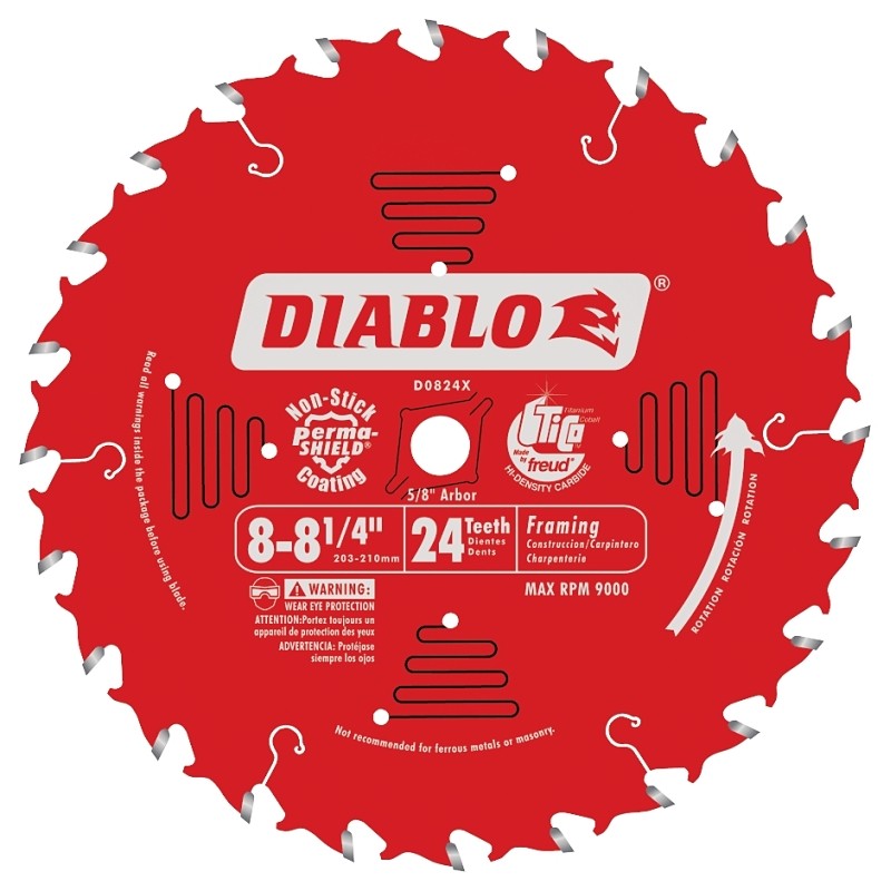 Diablo D0824X Circular Saw Blade, 8 to 8-1/4 in Dia, 5/8 in Arbor, 24-Teeth, Carbide Cutting Edge
