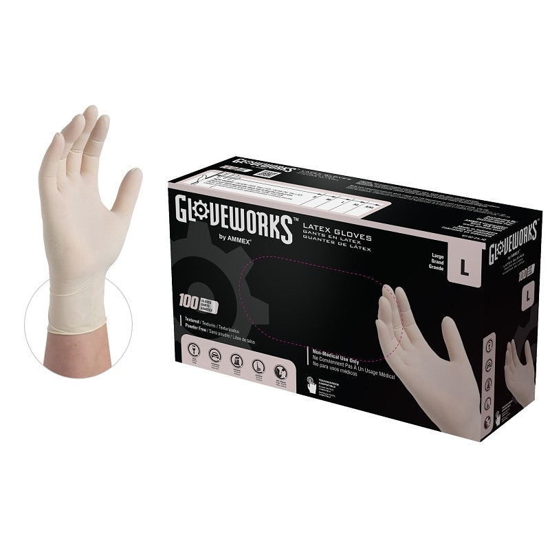 Gloveworks TLF46100 Disposable Gloves, L, Latex, Powder-Free, Ivory, 14.37 in L