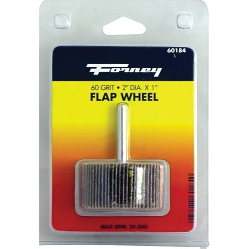 Forney 60184 Flap Wheel, Applicable Materials: Metal, Wood, 2 in Dia, 1 in Thick, 1/4 in Arbor, 60 Grit