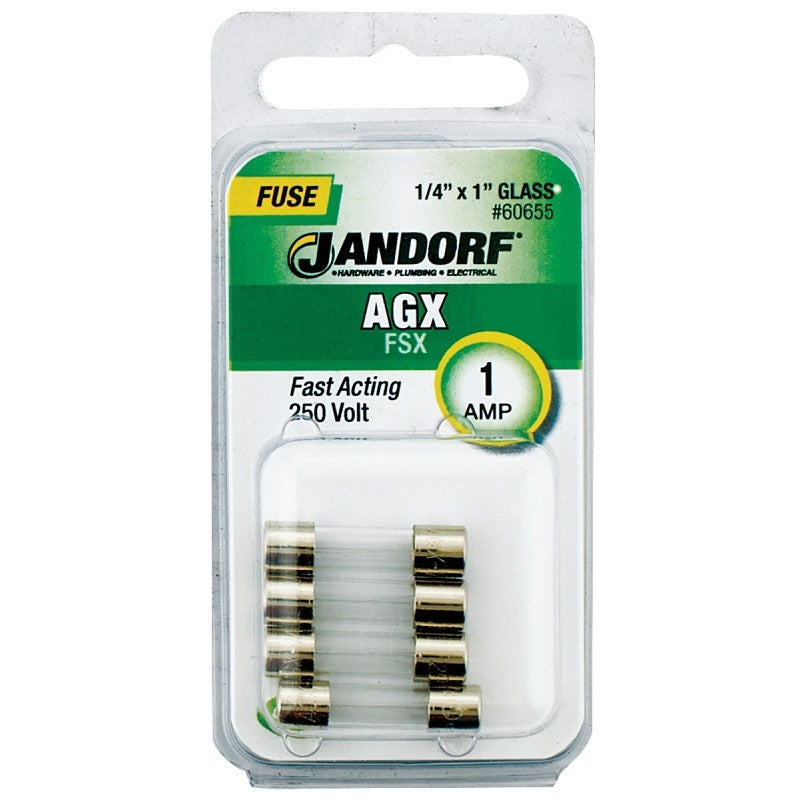 Jandorf 60655 Series Fast Acting Fuse, 0.11 Ohm, 1 A, 250 V, 35 A, 10 kA Interrupt, Glass Body, 1 in Length