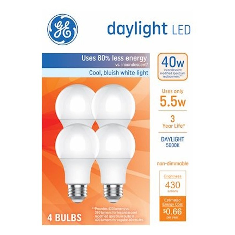 GE 93131941 LED Light Bulb, 40 W Equivalent, Medium Lamp Base, Daylight, 5000 K Color Temp (Pack of 4)