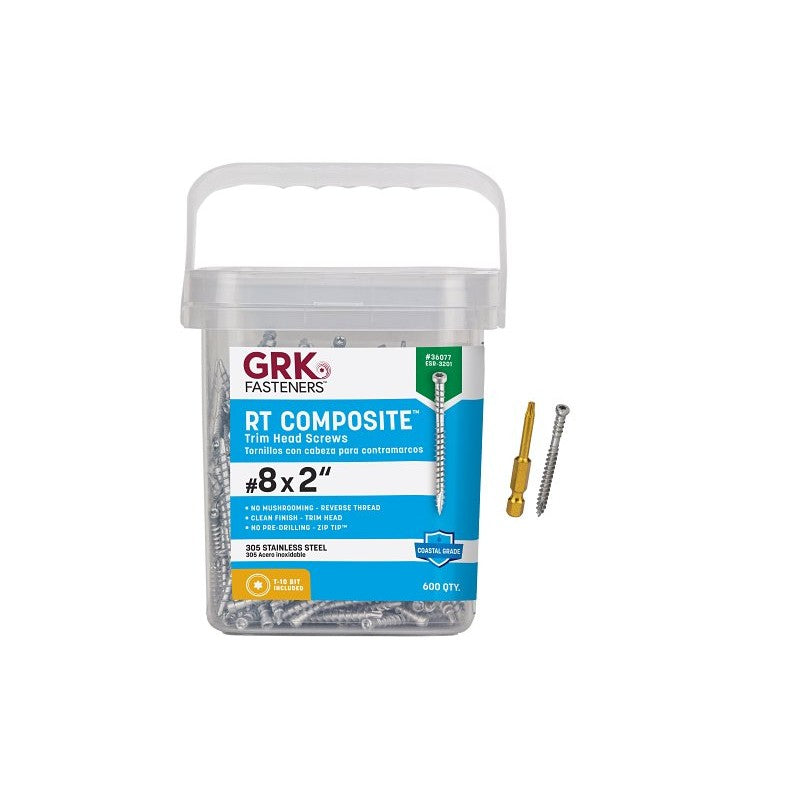GRK Fasteners RT Series 36077 Screw, #8 Thread, 2 in L, Trim Head, Star Drive, Stainless Steel, 600 PAIL