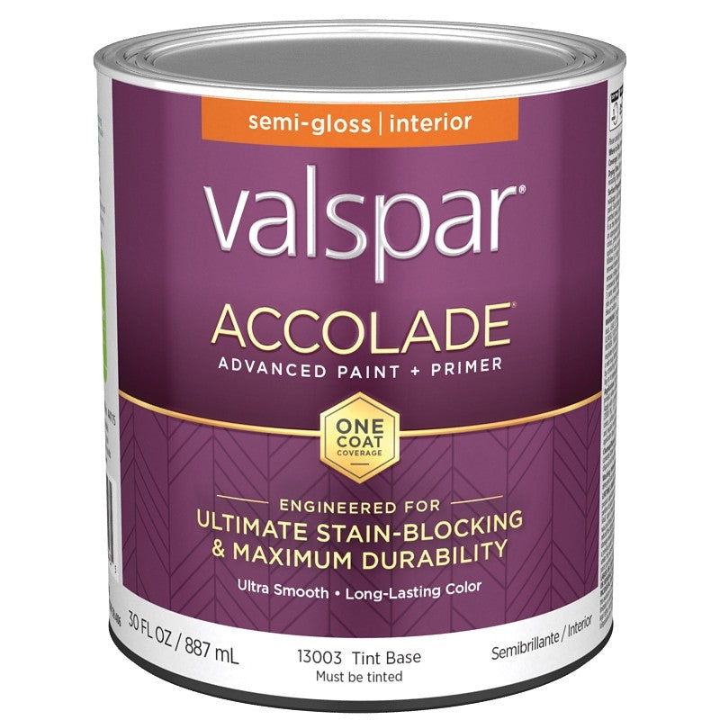 Valspar Accolade 1300 028.0013003.005 Latex Paint, Acrylic Base, Semi-Gloss, Tint Base, 1 qt, Plastic Can