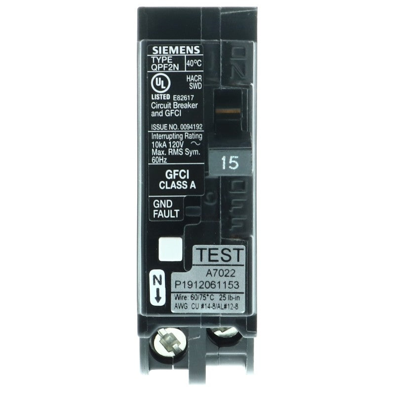Siemens QF115AN Circuit Breaker, GFCI, Low Voltage, 15 A, 1 -Pole, 120 V, Plug Mounting