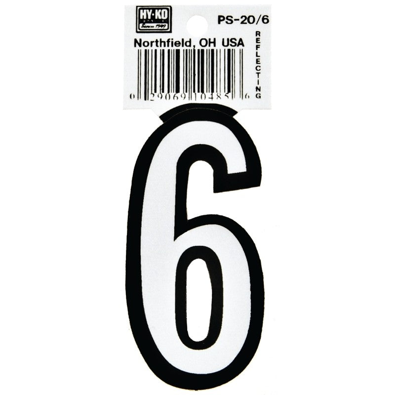 Hy-Ko PS-20/6 Reflective Sign, Character: 6, 3-1/4 in H Character, Black/White Character, Vinyl (Pack of 10)