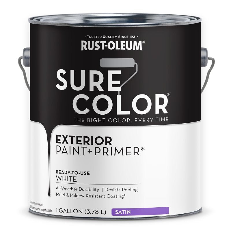 Rust-Oleum Sure Color 394678 Exterior Paint and Primer, Water, Satin, White, 1 gal Can, 400 sq-ft/gal Coverage Area (Pack of 2)